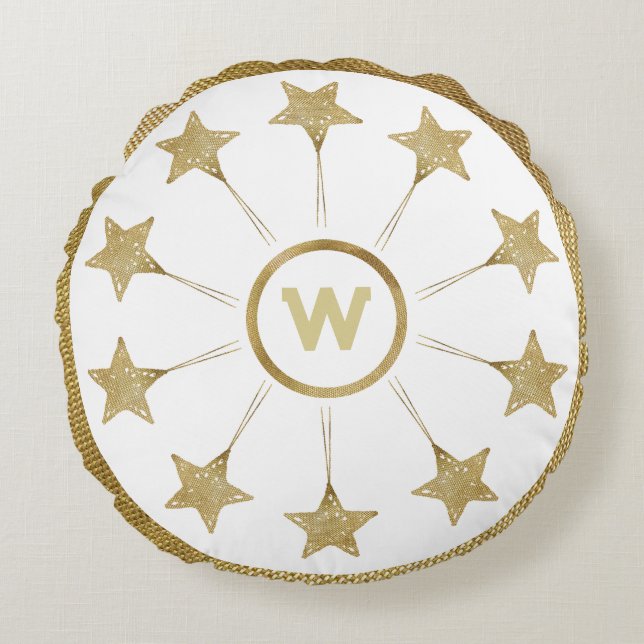 Rustic Golden Stars Pattern On White Monogram Round Cushion (Front)