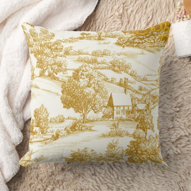 Rustic Golden Sunflower Homestead Toile Pattern Cushion (Blanket)