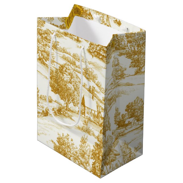 Rustic Golden Sunflower Homestead Toile Pattern Medium Gift Bag (Front Angled)