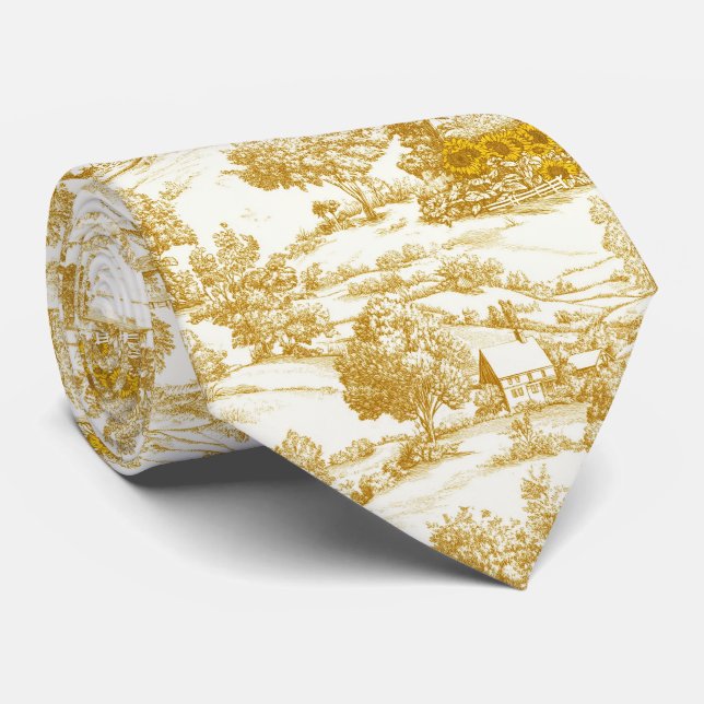Rustic Golden Sunflower Homestead Toile Pattern Tie (Rolled)
