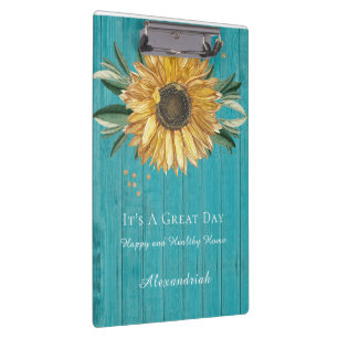 Rustic Golden Sunflower Teal Blue Barn Wood  Clipboard