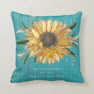 Rustic Golden Sunflower Teal Blue Barn Wood Cushion
