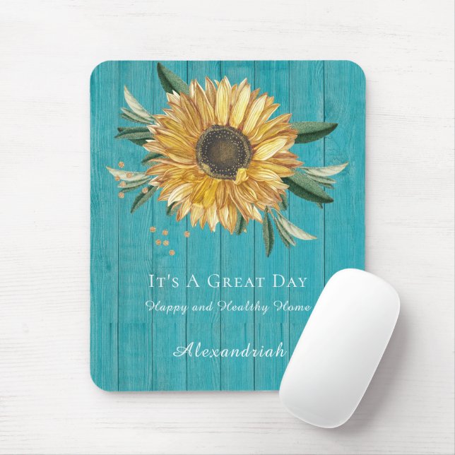 Rustic Golden Sunflower Teal Blue Barn Wood Mouse Mat (With Mouse)