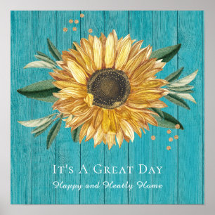 Rustic Golden Sunflower Teal Blue Barn Wood  Poster