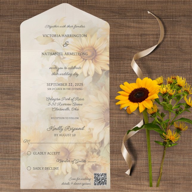 Rustic Golden Sunflowers QR Code All In One Invitation (Also available without QR code and with or without dinner options. )