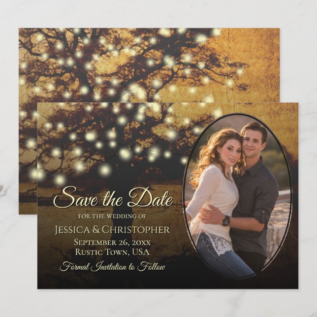 Rustic Golden Tree Lights & Photo Elegant Wedding Save The Date (Front/Back)