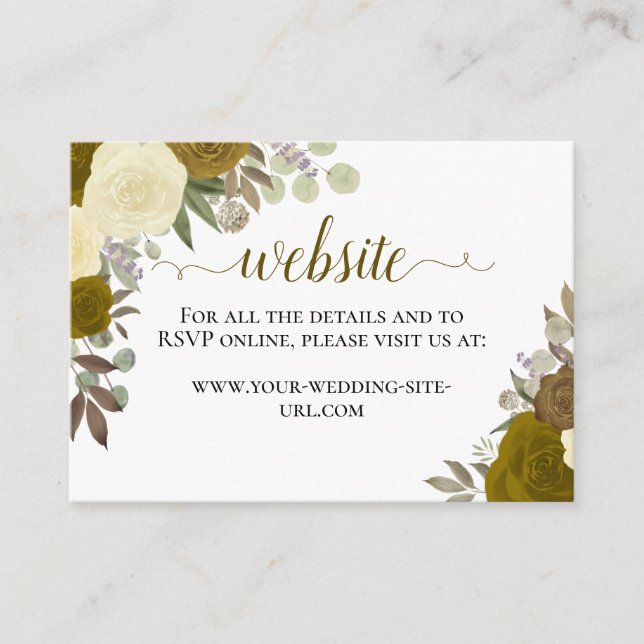 Rustic Golden Watercolor Roses Wedding Website Enclosure Card (Front)