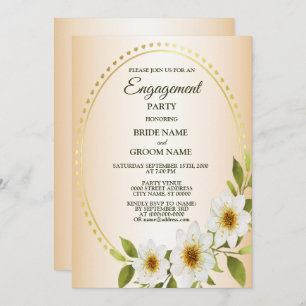Rustic Golden White Floral Peach Engagement Party Invitation