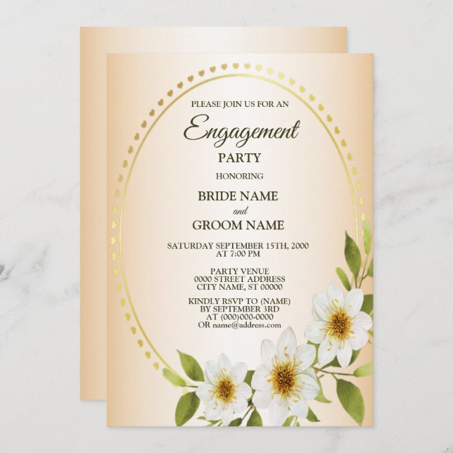 Rustic Golden White Floral Peach Engagement Party Invitation (Front/Back)