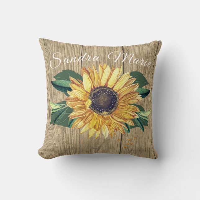Rustic Golden Yellow Sunflower Tan Wood | name  Cushion (Front)