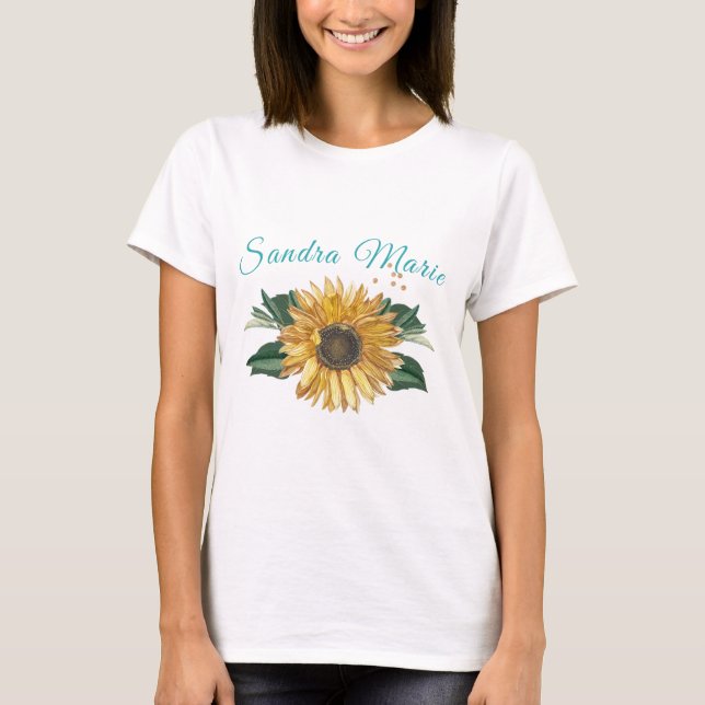 Rustic Golden Yellow Sunflower Teal Script T-Shirt (Front)
