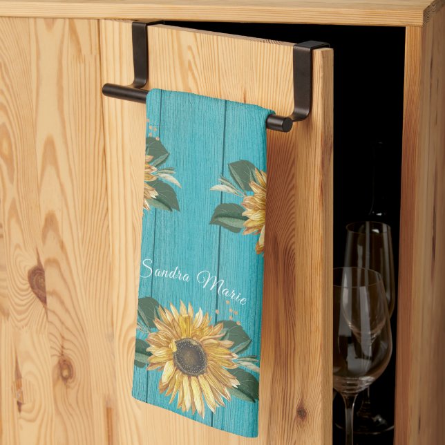 Rustic Golden Yellow Sunflower Teal Wood  Bath Tow Tea Towel (Thirds Fold)
