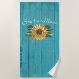 Rustic Golden Yellow Sunflower Teal Wood     Beach Towel