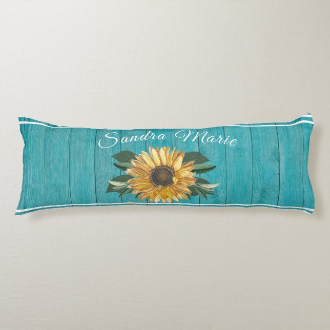 Rustic Golden Yellow Sunflower Teal Wood |  Body Cushion (Front)