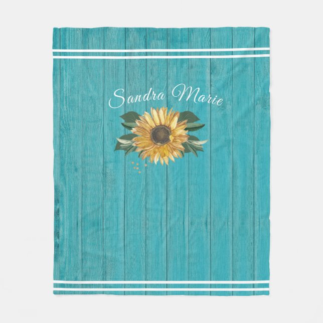 Rustic Golden Yellow Sunflower Teal Wood |    Fleece Blanket (Front)
