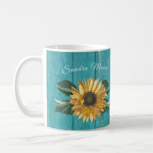 Rustic Golden Yellow Sunflower Teal Wood   name   Coffee Mug