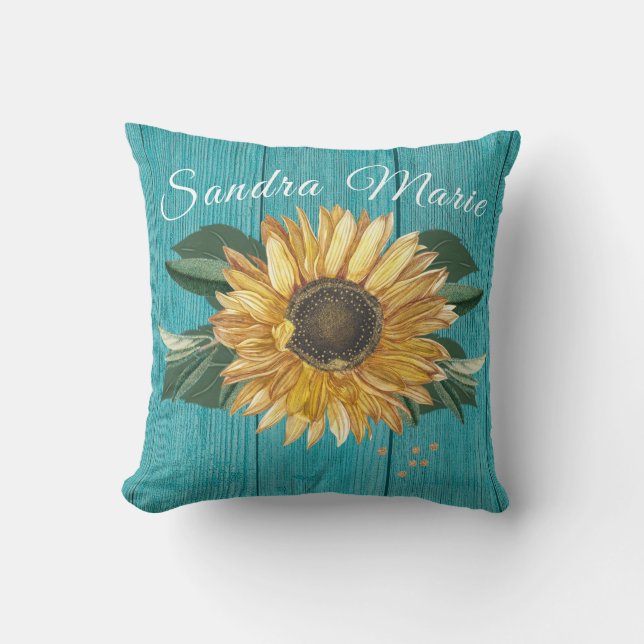 Rustic Golden Yellow Sunflower Teal Wood | name Cushion (Front)