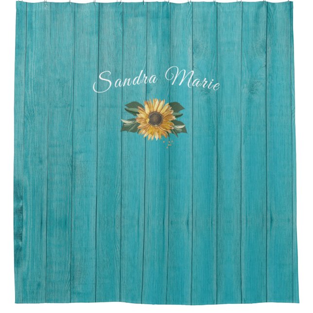Rustic Golden Yellow Sunflower Teal Wood |  Shower Curtain (Front)