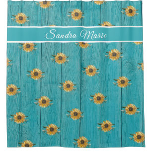 Rustic Golden Yellow Sunflower Teal Wood    Shower Shower Curtain