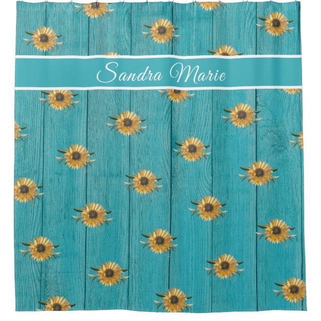 Rustic Golden Yellow Sunflower Teal Wood |  Shower Shower Curtain (Front)