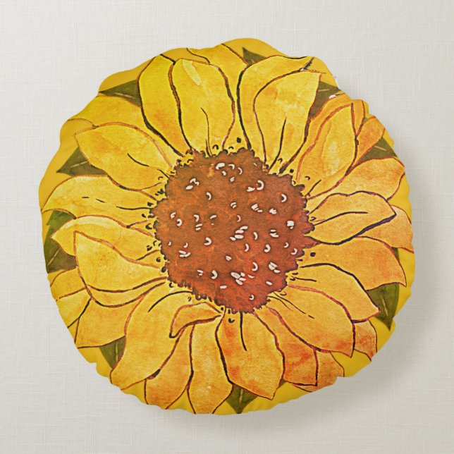 Rustic Golden Yellow Sunflower watercolor floral Round Cushion (Back)