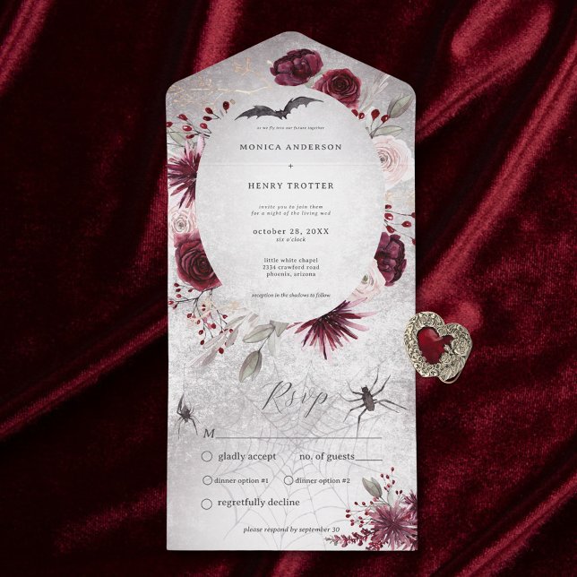 Rustic Gothic Black & Burgundy Floral Dinner All In One Invitation (Also available with a QR code or without dinner selection options.)