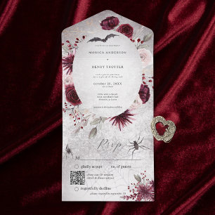 Rustic Gothic Black & Burgundy Floral QR Code All In One Invitation