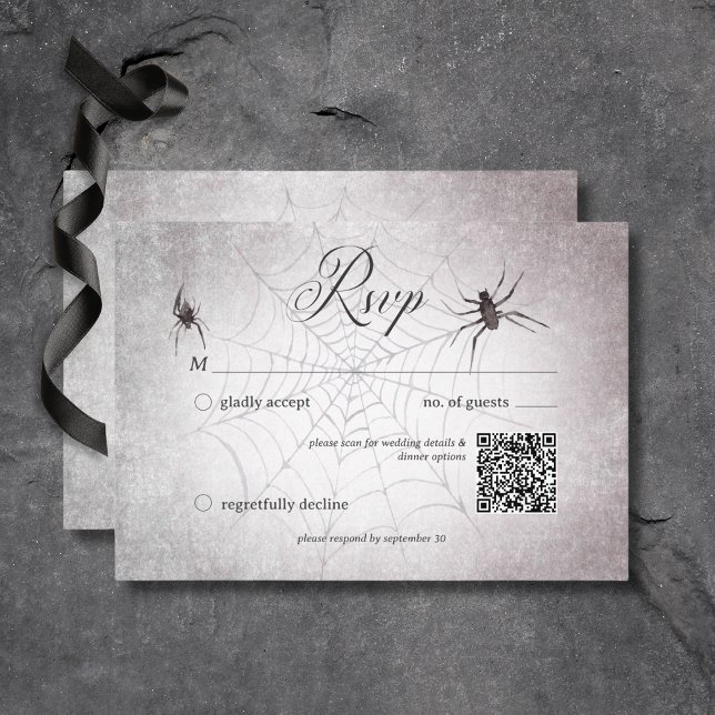 Rustic Gothic Black & Burgundy Halloween QR Code RSVP Card (Rustic Gothic Black & Burgundy Halloween Wedding Response Card with QR Code)
