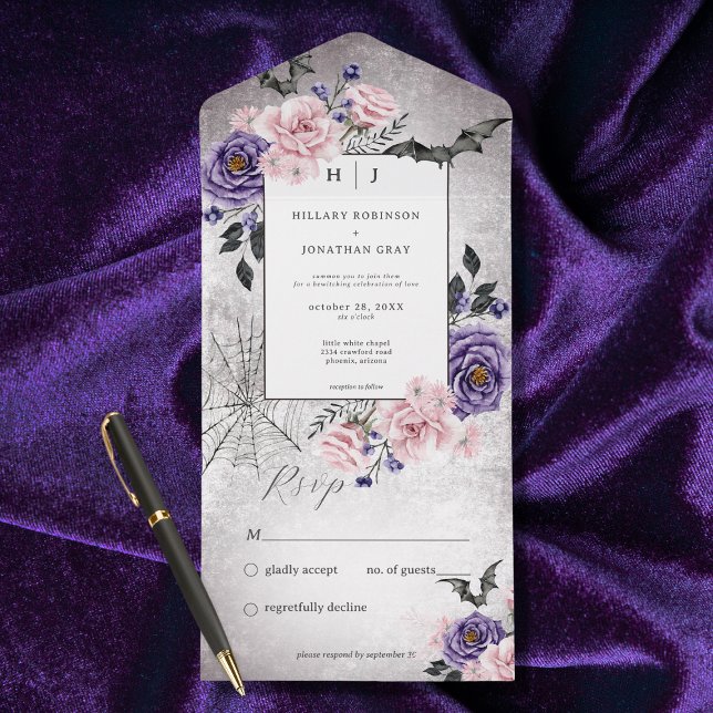 Rustic Gothic Pink & Purple Halloween No Dinner    All In One Invitation (Also available with a QR code or with dinner selection options.)