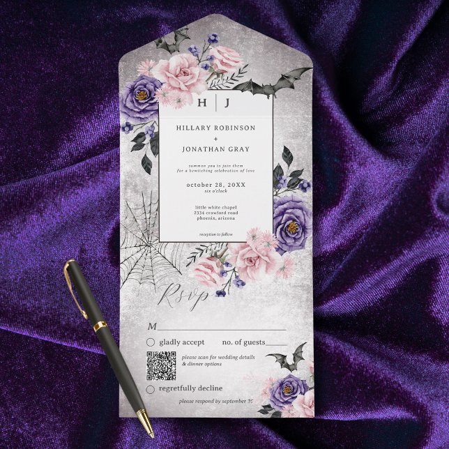 Rustic Gothic Pink & Purple Halloween QR Code All In One Invitation (Also available without a QR code; with or without dinner selection options.)