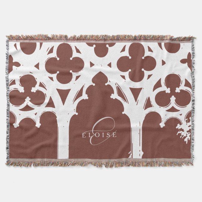 Rustic Gothic Window Calligraphy Terracotta Throw Blanket (Front)