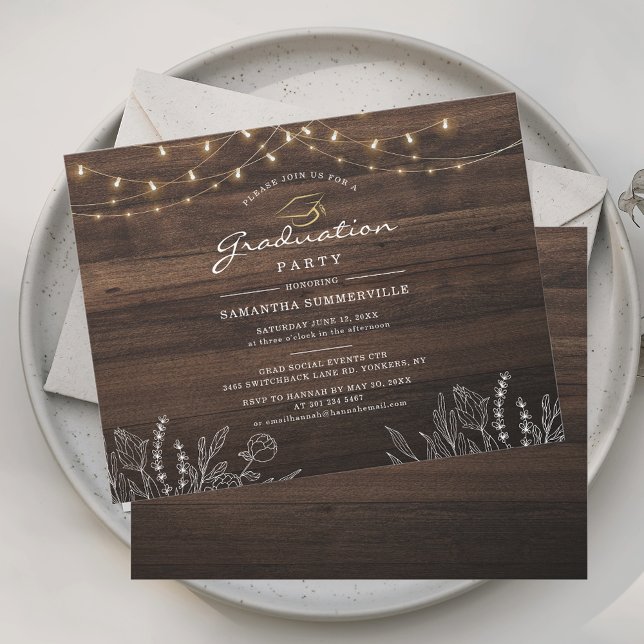 Rustic Grad 2025 Graduation Party Botanical Invitation (Graduation Rustic Wood Look String Lights 2025 Grad Party Invitation)