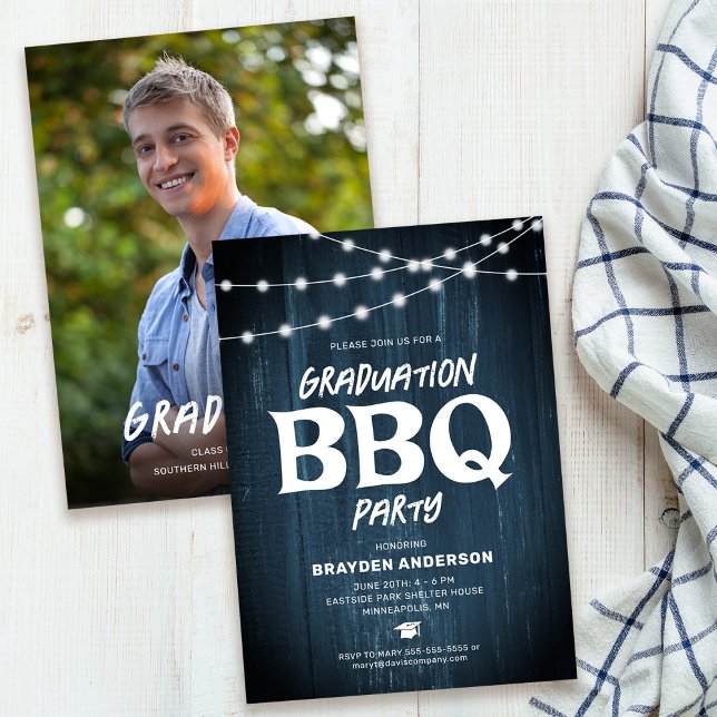 Rustic Graduation BBQ Blue Photo Invitation (Creator Uploaded)