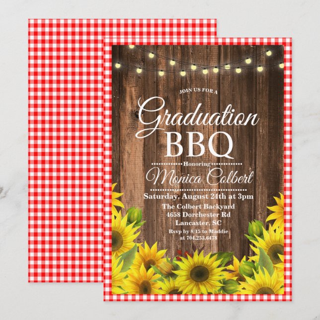 Rustic Graduation BBQ Sunflower Invitation (Front/Back)