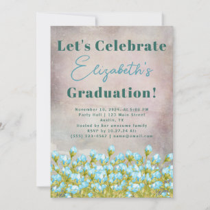 Rustic Graduation Blue Watercolor Flowers  Invitation