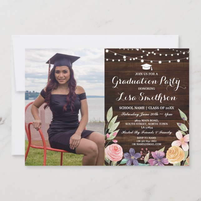 Rustic Graduation Flowers Lights Wood Photo Invitation (Front)
