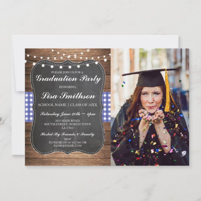 Rustic Graduation Party Blue Check Chalk BBQ Photo Invitation (Front)