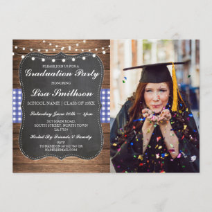 Rustic Graduation Party Blue Check Chalk BBQ Photo Invitation