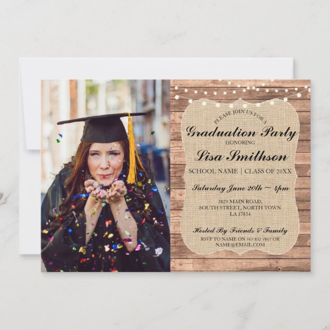 Rustic Graduation Party Burlap Wood Graduate Invitation (Front)
