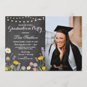 Rustic Graduation Party Chalk Wild Flowers Photo Invitation