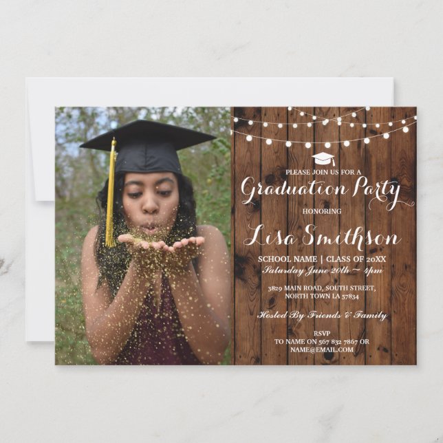 Rustic Graduation Party Elegant Lights Wood Photo Invitation (Front)