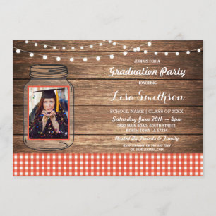 Rustic Graduation Party Jar Wood Red Gingham Photo Invitation
