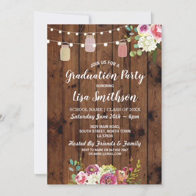 Rustic Graduation Party Jars Wood Flowers Invite (Front)