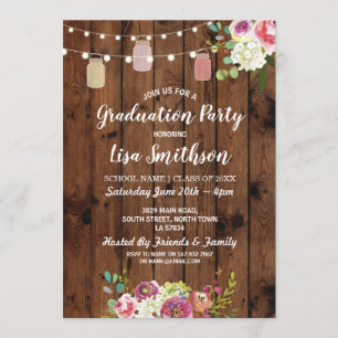 Rustic Graduation Party Jars Wood Flowers Invite