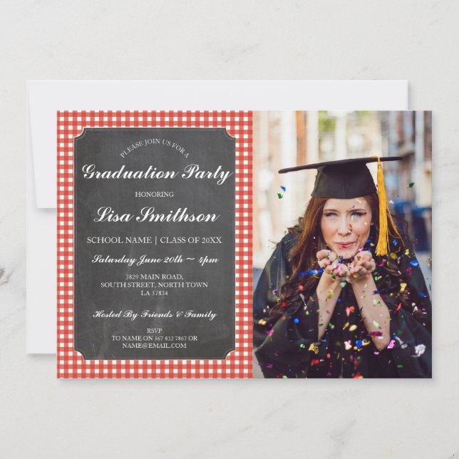 Rustic Graduation Party Red Check Chalk BBQ Photo Invitation (Front)
