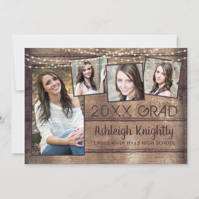 Rustic Graduation Photo Collage Wood String Lights Announcement (Front)