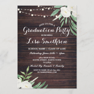 Rustic Graduation White Flowers Lights Wood Invite