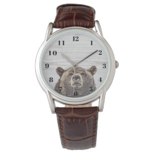 Rustic Grain Wood Peeking Bear Men's Watch