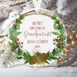 Rustic Grandparents Christmas Baby Photo Add Name Ornament<br><div class="desc">This design features a rustic watercolor Christmas wreath decorated with pine cones, berries and candy canes, surrounding the words "Our First Christmas as Grandparents" in whimsical red printing and handwriting fonts. Personalise it by adding baby's name and the year. Customise the reverse side with a favourite photo of the new...</div>