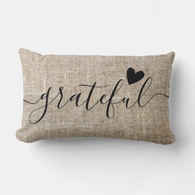 Rustic Grateful Thanksgiving Farmhouse Burlap Lumbar Cushion (Front)